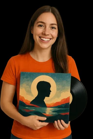 Een vrouw met een glimlach die een vinylplaat vasthoudt.