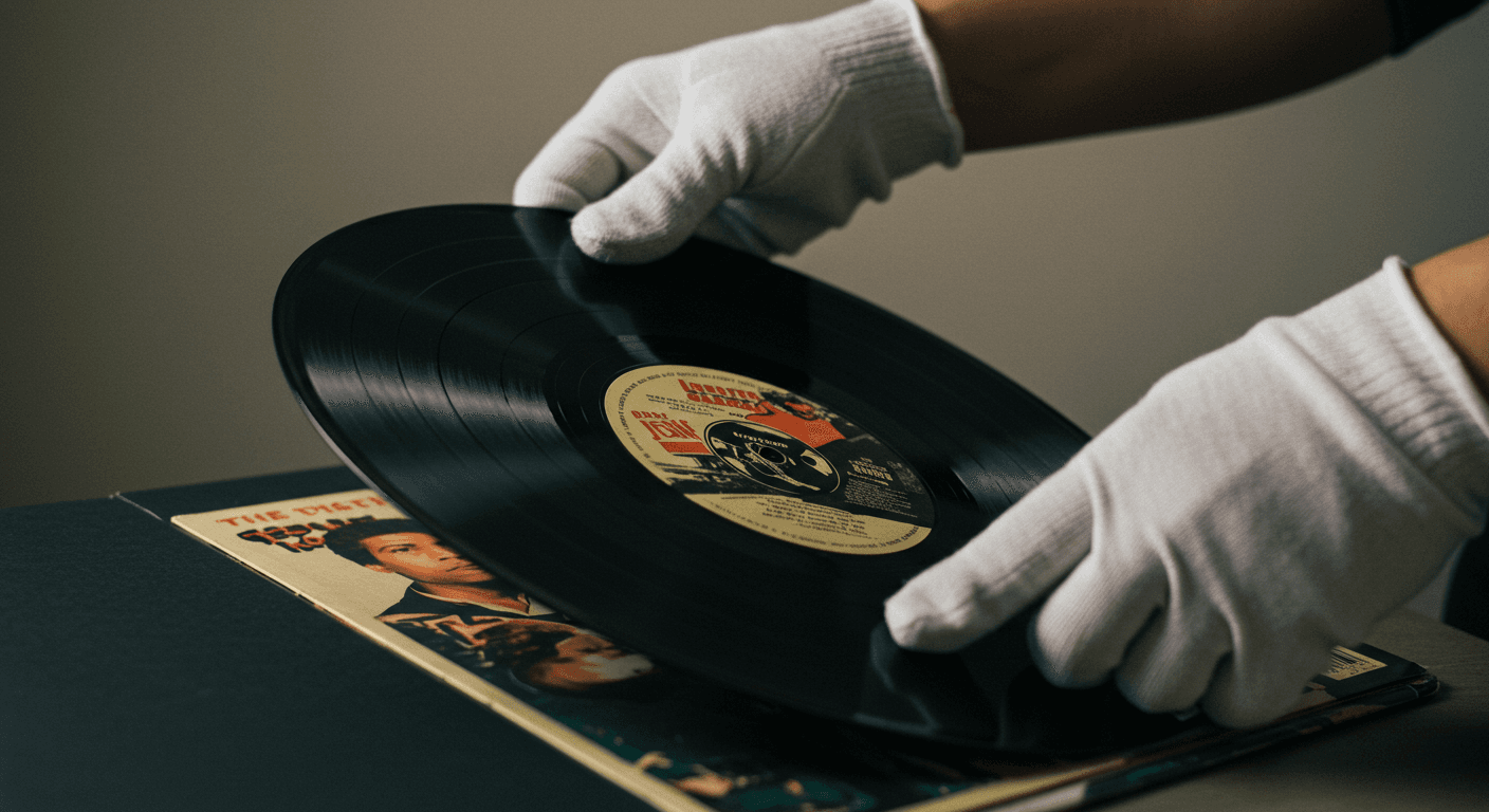 Een verzamelaar die met witte handschoenen een zeldzame vinylplaat uit de hoes haalt