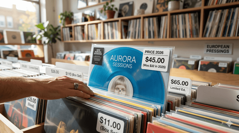 Vinyl in rekken met prijs labels